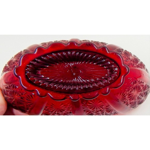Fenton Glass Ruby Red Daisy and Button Twig Handled Oval Basket Original Sticker - Picture 7 of 11